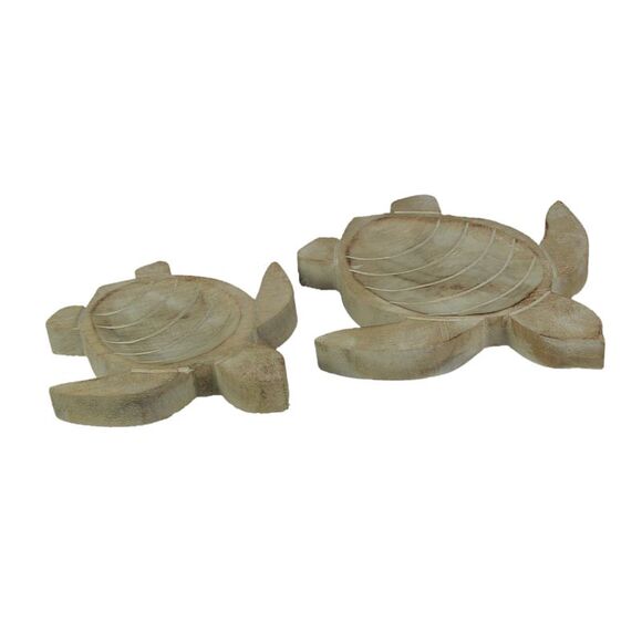 Set of 2 Hand Carved Wooden Sea Turtle Decorative Bowl 8 and 10 Inch - Picture 3 of 5